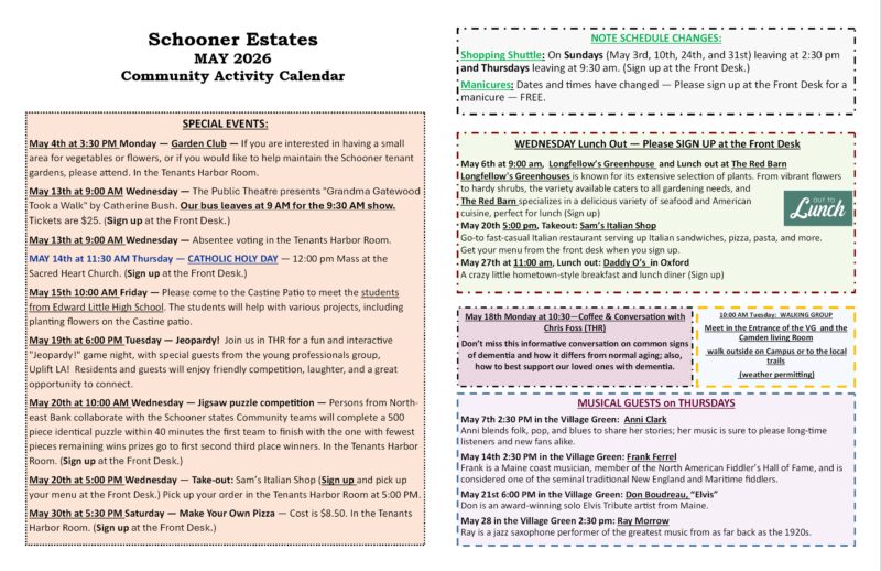 Backside of the Schooner Estates May 2026 Activities Calendar.