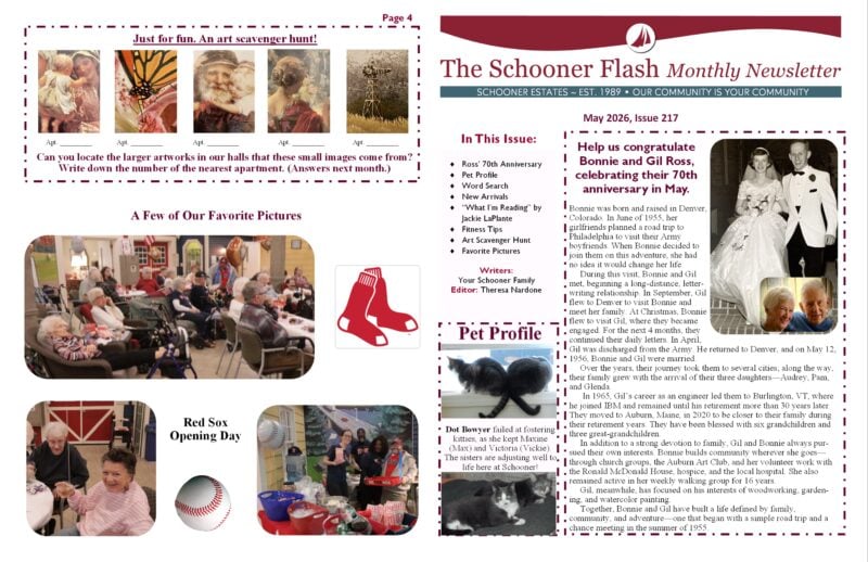 Front and backside pages of the Schooner Flash, Monthly Newsletter. May 2026 Issue.