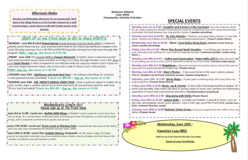 Backside of the Schooner Estates June 2026 Activities Calendar.