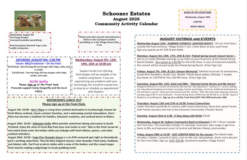 Backside of the Schooner Estates August 2026 Activities Calendar.