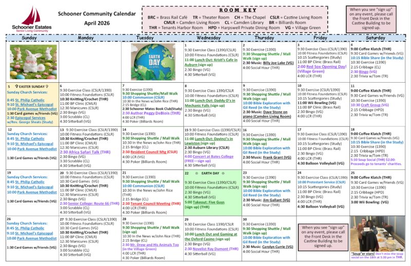 Frontside of the Schooner Estates March 2026 Activities Calendar.