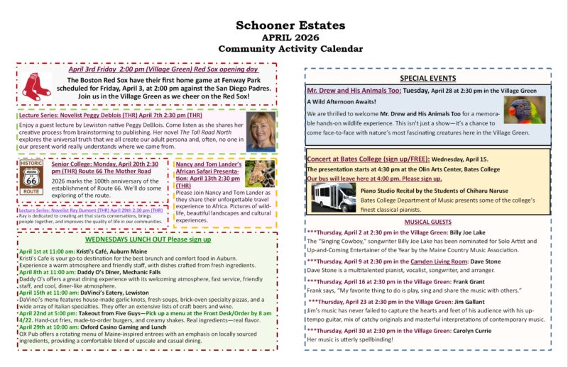 Backside of the Schooner Estates March 2026 Activities Calendar.