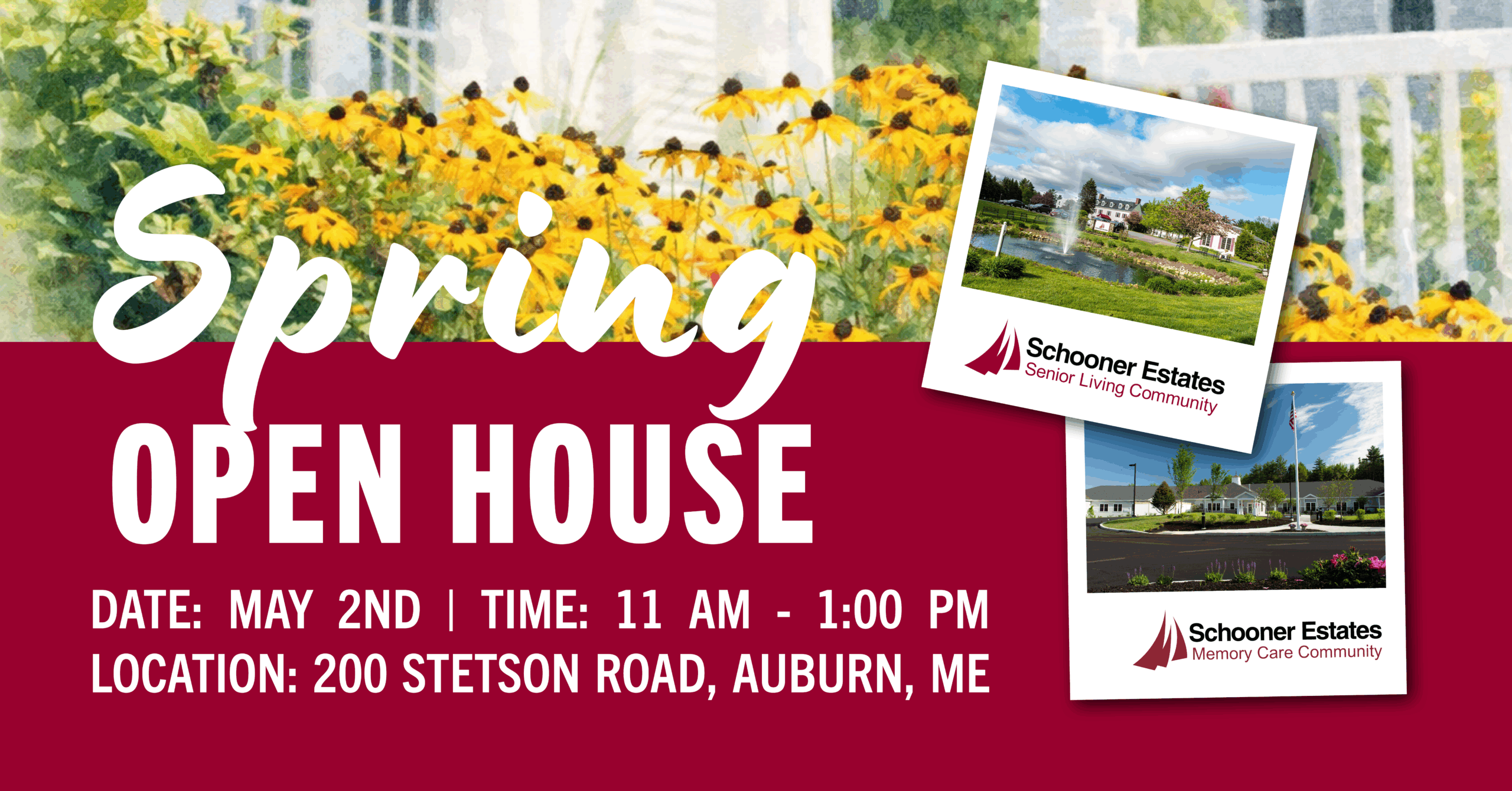 Spring Open House. May 2nd, 2026, from 11:00 AM - 1:00 PM. Event location at 200 Stetson Road, Auburn, ME.
