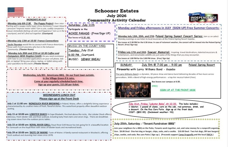 Backside of the Schooner Estates July 2026 Activities Calendar.
