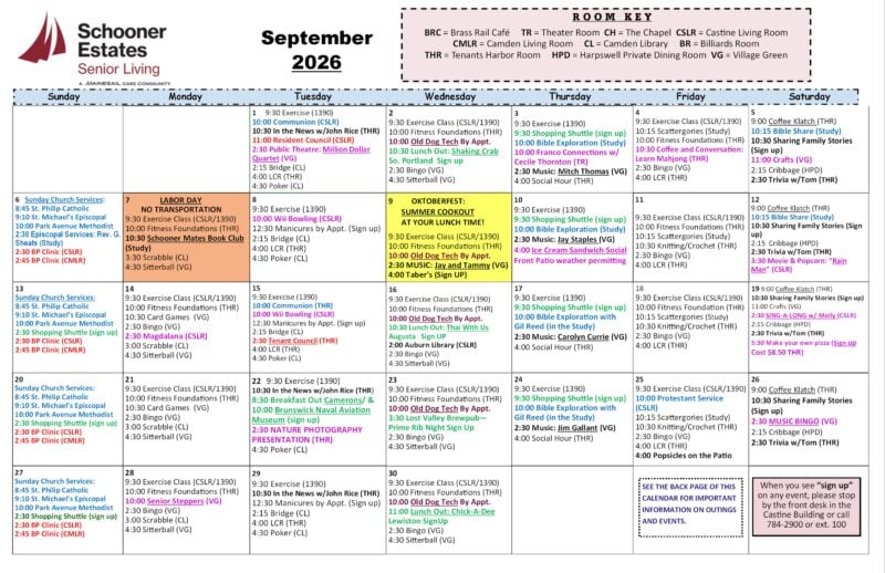 Front side of the Schooner Estates September 2026 Activities Calendar.