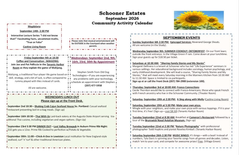 Backside of the Schooner Estates September 2026 Activities Calendar.