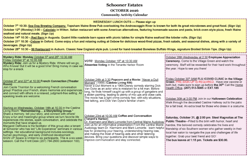 Back side of the Schooner Estates October 2026 Activities Calendar.
