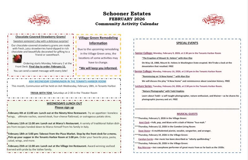 Backside of the Schooner Estates February 2026 Activities Calendar
