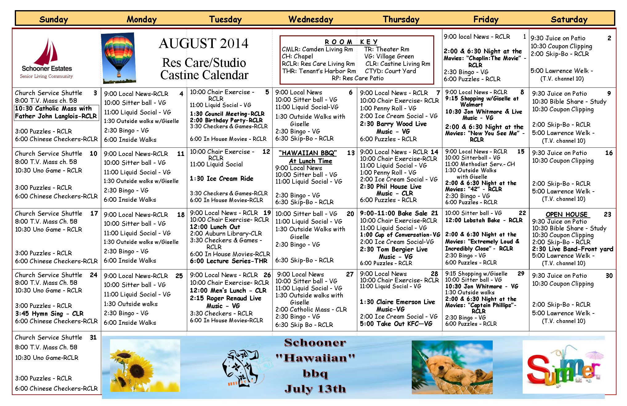 August 2014 Castine and Residential Care Calendar