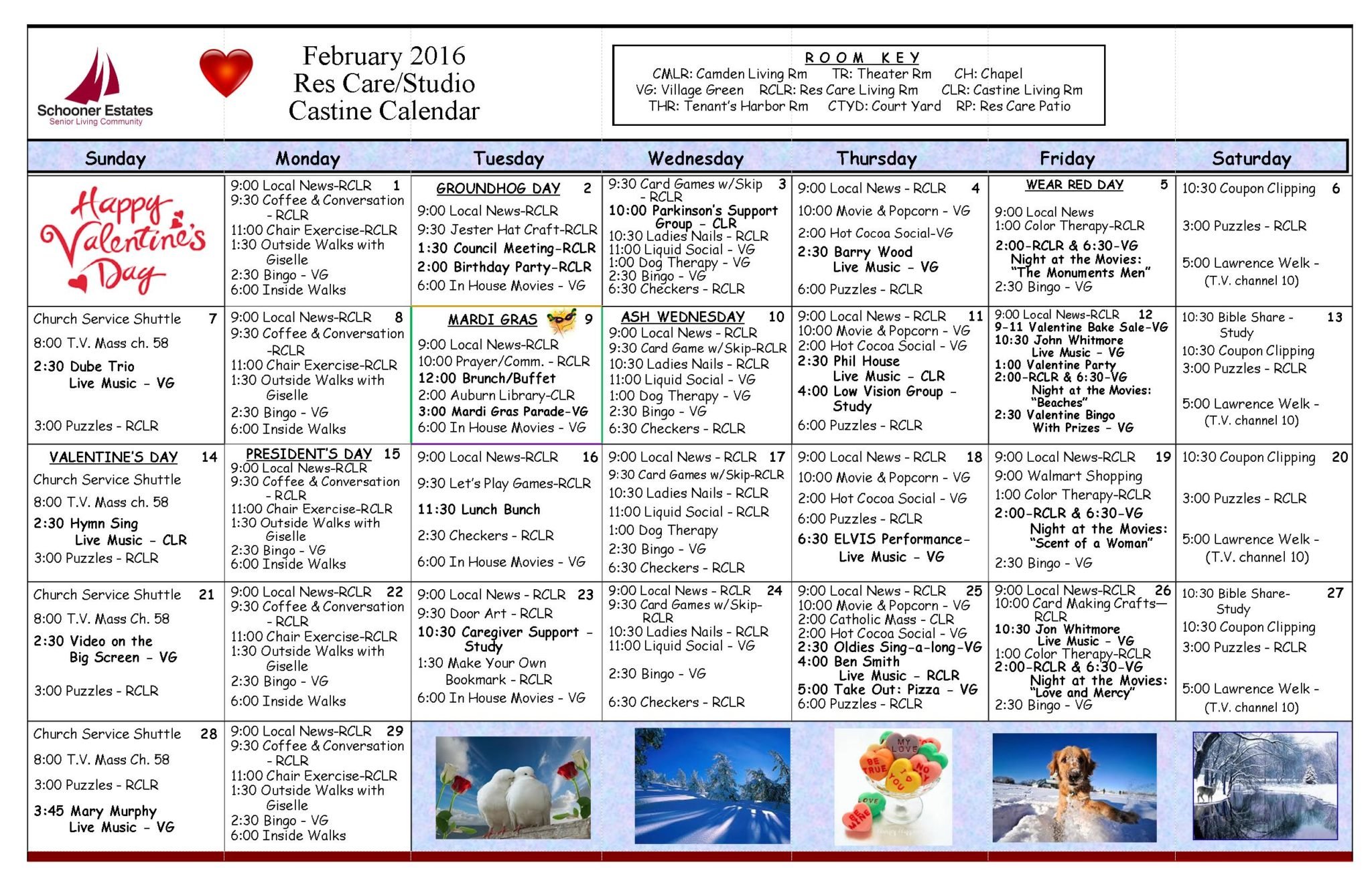 February 2016 Assisted Living and Residential Care Activity Calendar