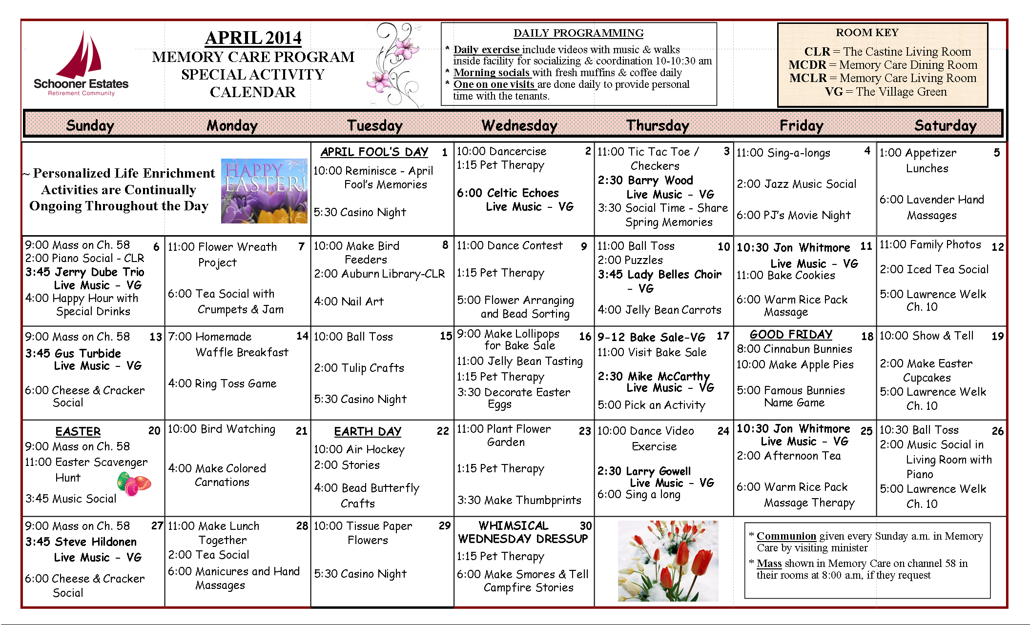 Memory Care Calendar April 2104
