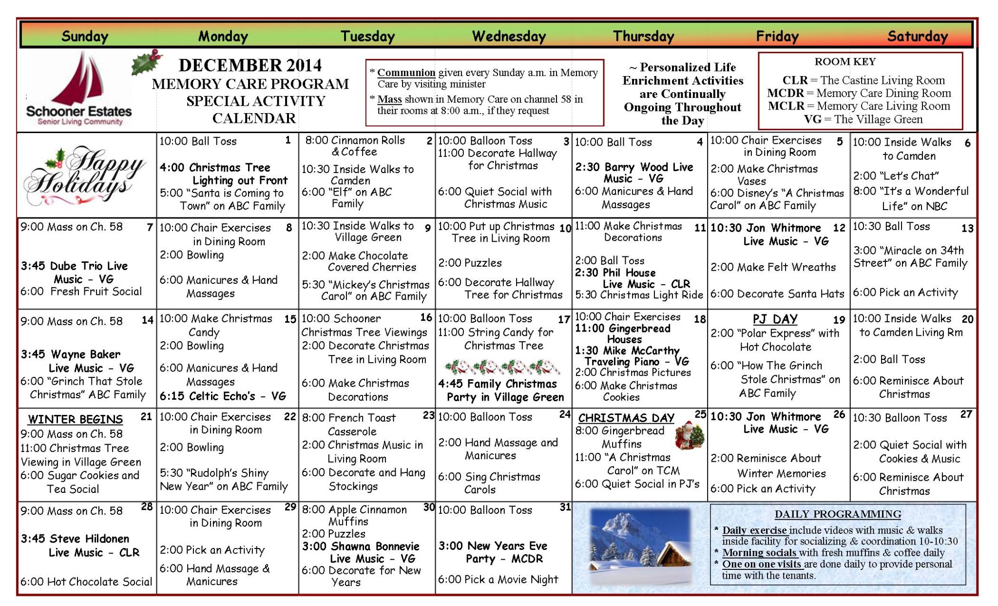 Memory Care Calendar December 2014