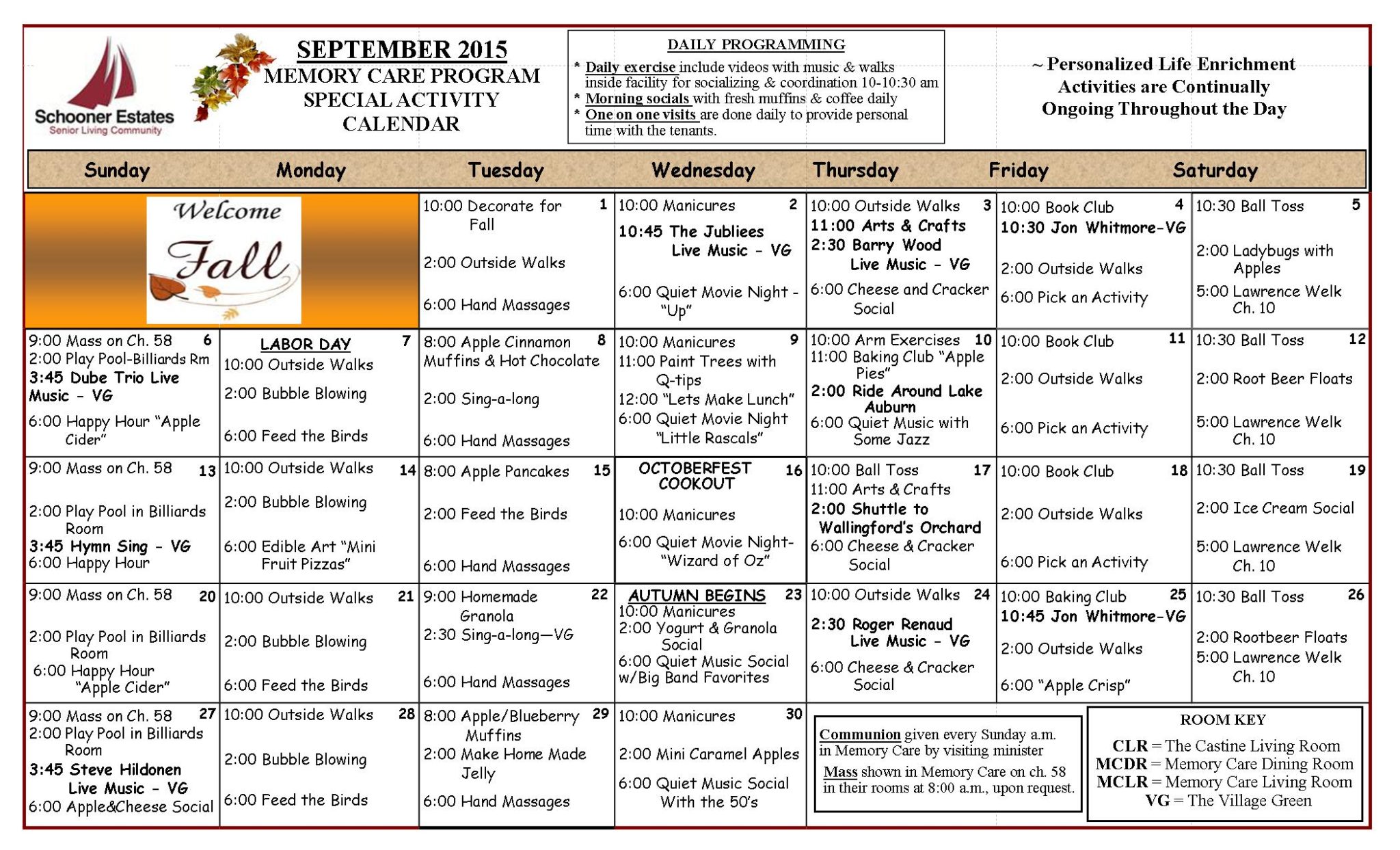 September 2015 Memory Care Calendar