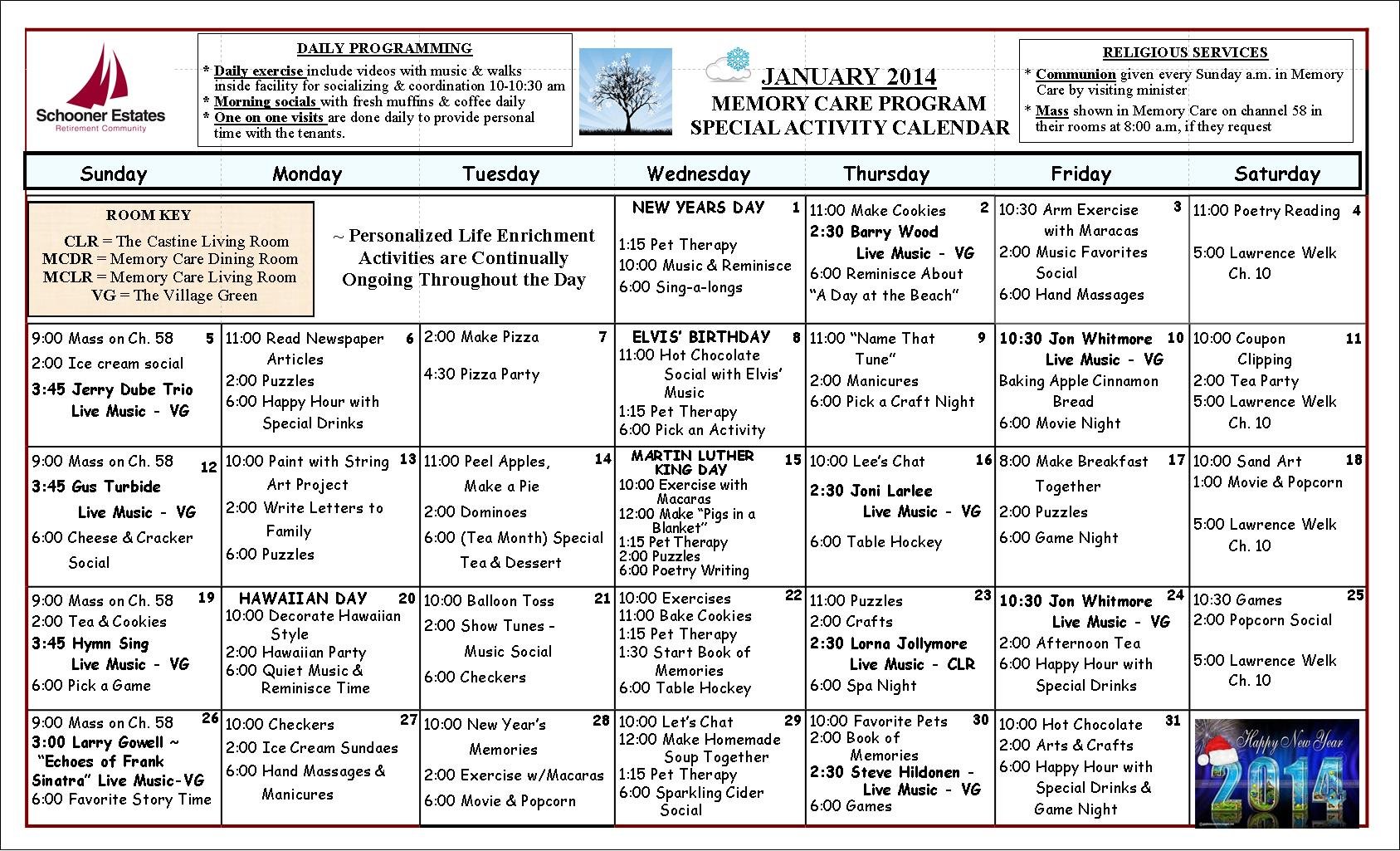 Memory Care January 2014 Calendar