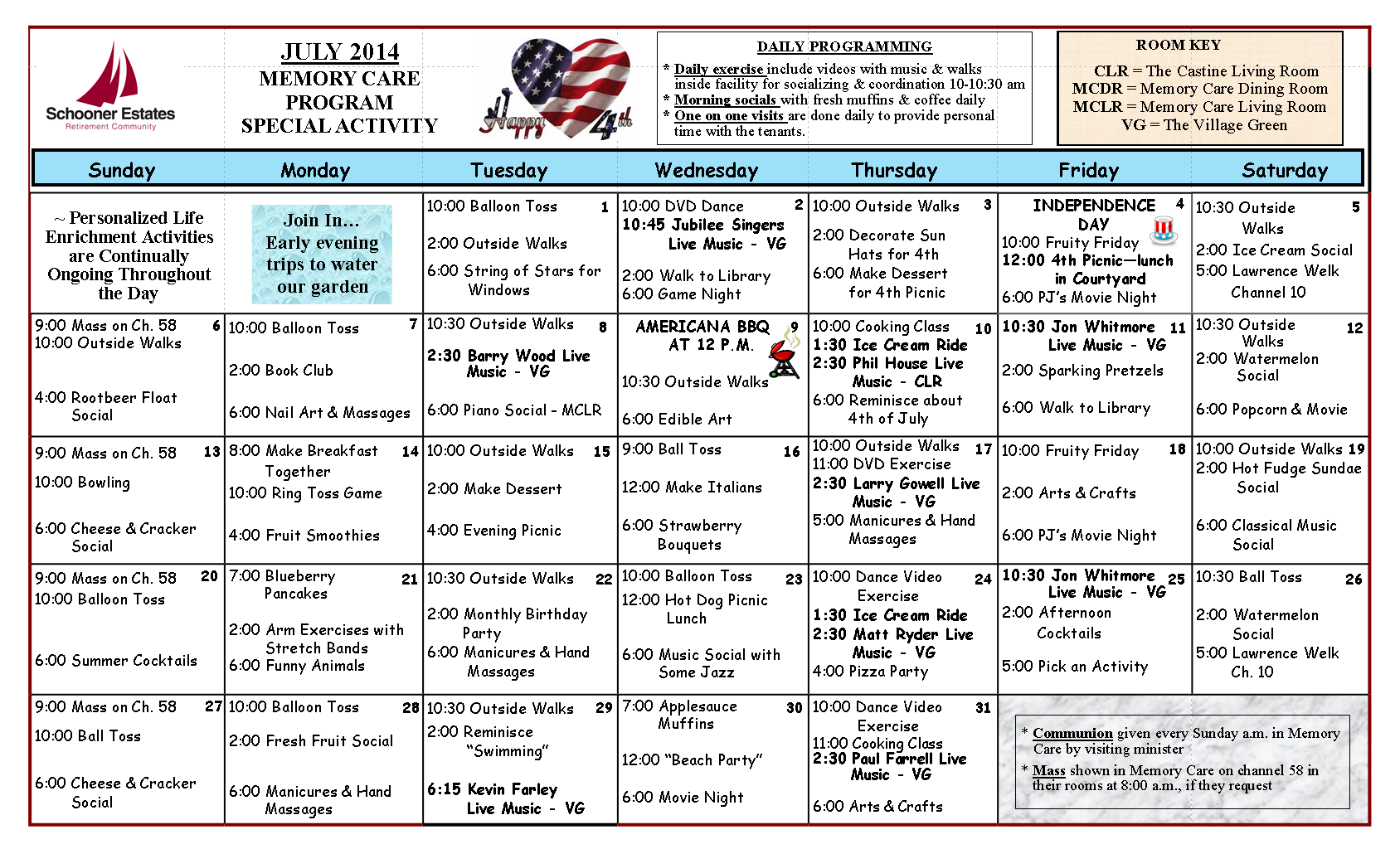 Memory Care July 2014 Calendar