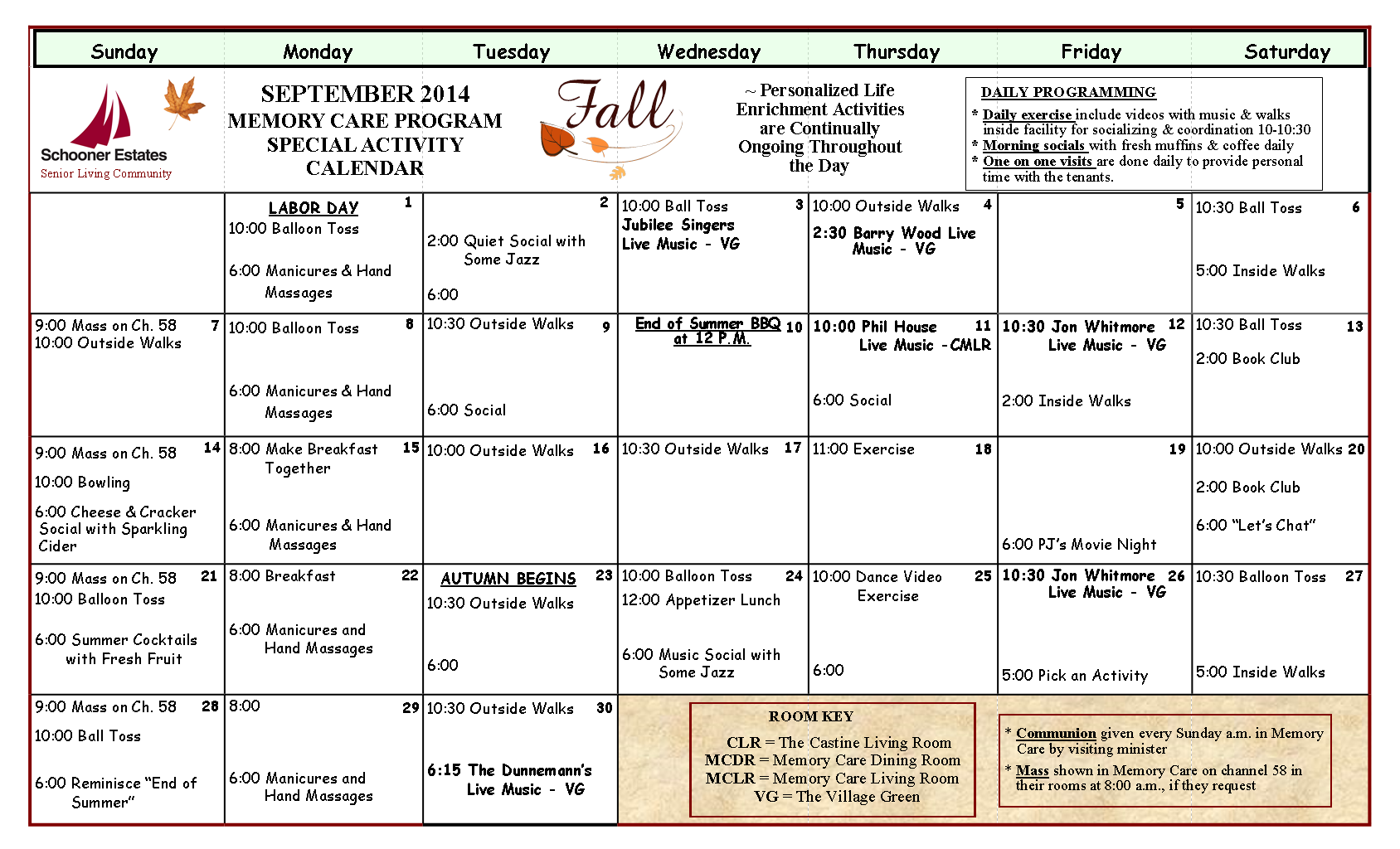 September Schooner Estates Memory Care Calendar